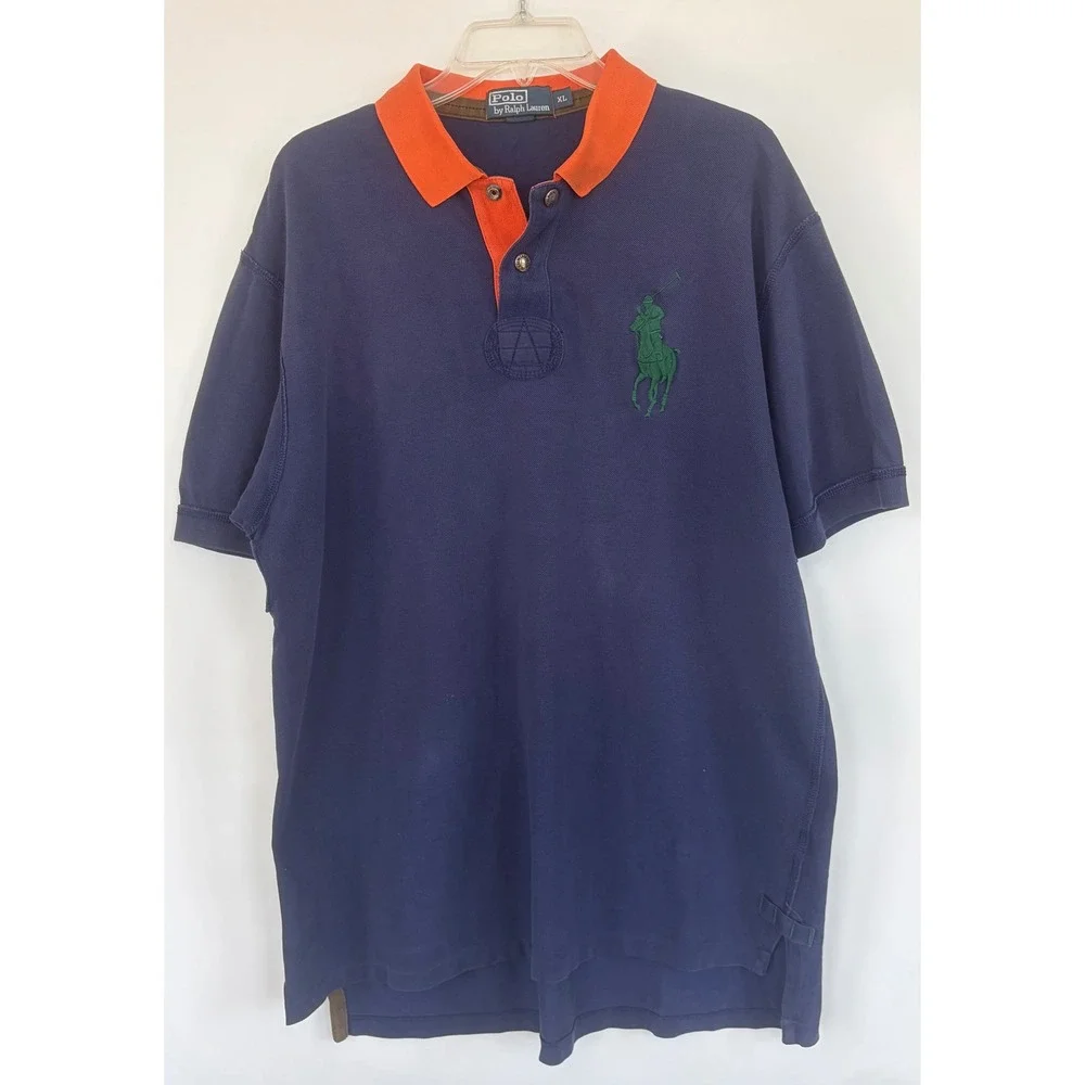 Polo Ralph Lauren Mens XL Navy Blue Orange Collar Big Pony Polo Shirt Cotton